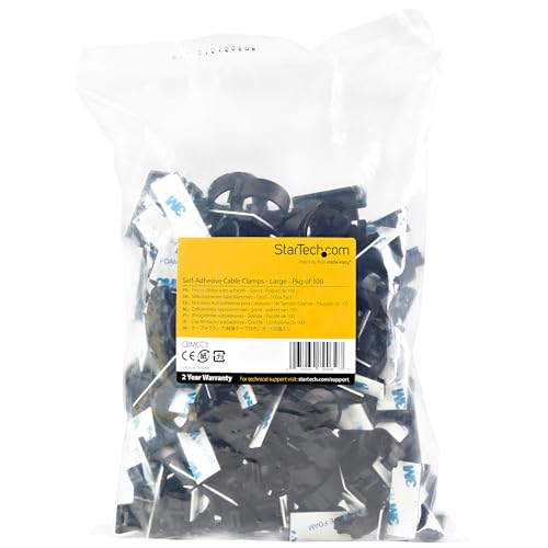 StarTech 100 Adhesive Cable Management Clips, Black, TAA, Sticky (CBMCC3) | Nylon Self Adhesive Clamp UL/94V-2 Fire Rated, Network/Ethernet/Office Desk/Computer Cord Organizer, Wire Holders - size: Large | 0.67 in. max. diameter