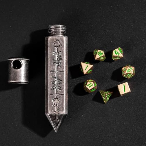 Mini Dice Set with Rune Keychain Case,7PCS Polyhedral Metal Dice Set for DND Role Playing Games(Silver/Red Copper Green) - color: Silver/Red Copper Green
