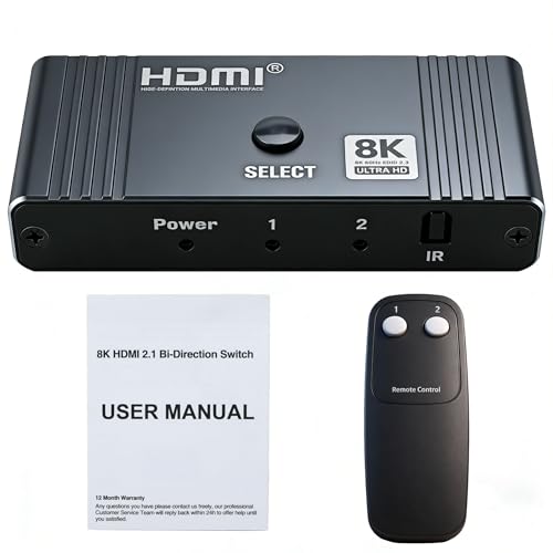 HDMI 2.1 Bi-Directional AB Switch 8K60Hz 2X1 HDMI Switcher with Remote Control Compatible with Laptops PC Xbox Series PS5 / PS4 Projector and More