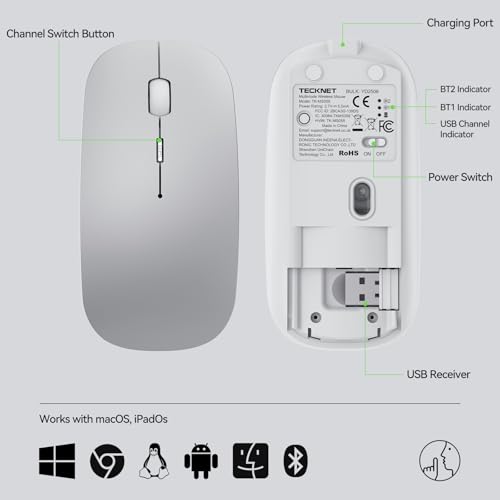 TECKNET Wireless Mouse, 4800 DPI Rechargeable Bluetooth Mouse for Laptop | Bluetooth 5.2/3.0 & 2.4G, Ultra-Thin, 6-Level Adjustable 4800 DPI Computer Mouse for Mac OS, iPad, Windows, Android - color: silver
