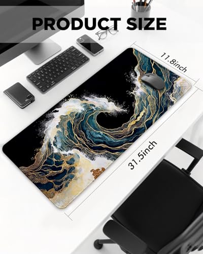 Mouse Pad, Desk Mat, 31.5x11.8in Large Mousepad, Blue Gold Waves | Desk Pad with Stitched Edge & Rubber Non-Slip Bottom, Gaming Mouse Pad, Extended Mousepad for Home, Office - color: Blue Gold Waves