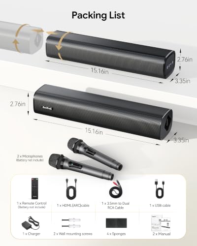 Suntrok Soundbar for TV, 2.0CH Home Theater Bluetooth 5.3 Speaker System with 2 Wireless Karaoke Mics, Surround Sound Audio with HDMI ARC/Optical/AUX/USB, for Movie/Music/News Family Party