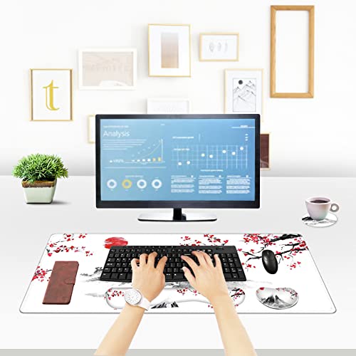 ToLuLu Extended Gaming Mouse Pad, Memory Foam Ergonomic Keyboard Mouse Wrist Rest Support Set, Large Desk Mat with Stitched Edges, Non-Slip Base Mousepad for Home Office Game, Cherry Blossom Sakura - color: Cherry Blossom Sakura