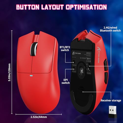 ATTACK SHARK X11SE Wireless Gaming Mouse, 59g Lightweight, Red | Bluetooth/2.4Ghz Wireless/Wired Connectivity, 22K DPI, PixArt PAW3311 Gaming Sensor, 1K Polling Gamer Mice for PC/Mac - color: Red