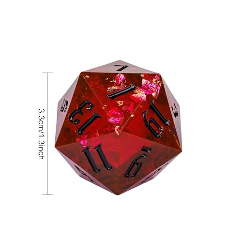 Cusdie Single D20 DND Dice with Sharp Edges and Glitter Foil Inclusions, 33mm Handcrafted 20 Sided D&D Dice, for Role Playing Game (Flame Red w/Black Numbers) - color: Flame Red With Black Numbers