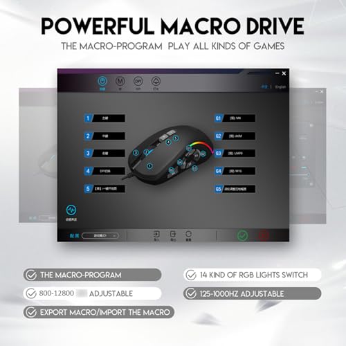 ASHATA RGB Gaming Mouse, Customizable Ergonomic Gaming Mouse Wired with Adjustable DPI 800-12800, 10 Programmable Buttons, 14 Lighting Effects, for PC Computer