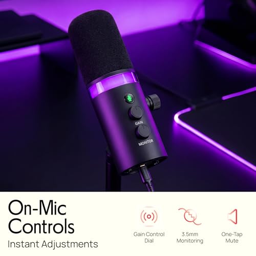 Pyle Dynamic USB/XLR Microphone for Podcasting, Streaming & Gaming, Cardioid Recording Mic with RGB Lighting, Mute Button, Zero-Latency Monitoring, Volume Control & Desktop Stand (PDMIC7B)
