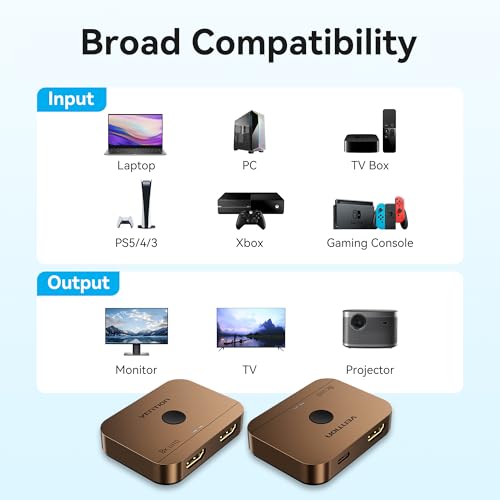 VENTION 8K 2x1 HDMI Switch, 4K@120Hz HDMI Splitter Switcher, 2 in 1 Out with LED Indicators, Supports HDR, 3D, Dolby, Compatible with Laptops, PC, Xbox Series, PS5/4/3, Blue Ray, Projector - color: Brown
