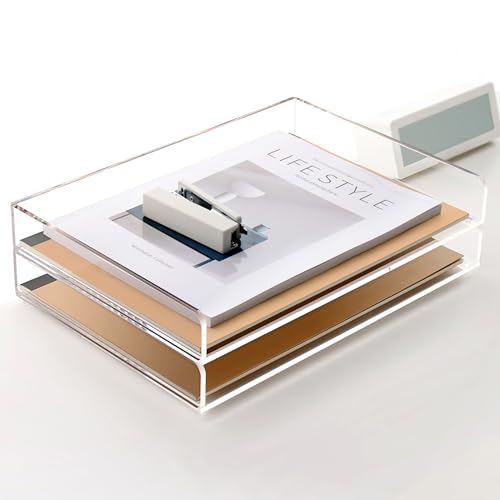 2 Pack- Stackable Paper Letter Tray, A4 File Tray Desk Organizer, Acrylic Desk Organizers and Accessories Sorter, Clear Workspace Office Supplies Organizers, 12.4inx8.86inx3.46in - style: Thin 2 Tier Trays