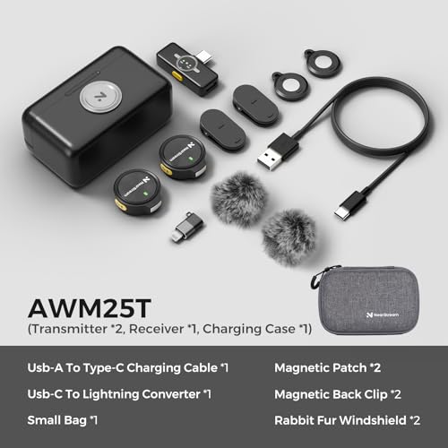 NearStream Wireless Lavalier Microphone for iPhone, Android and PC, AWM25T | Noise Cancellation, Up to 24-Hour Total Battery Life, Lightning and USB-C Plug-and-Play for Vlogging and Interviews
