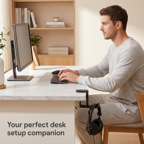 1 pcs Adjustable Headset Hook, Desk Mount Hanger with 360 Degree Swivel Arm and Cable Organizer, Under Desk Earphone Rack for Gaming Workspace, Black