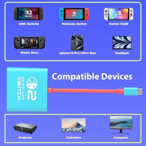 Switch 2 Dock for Nintendo Switch 1 / 2 and Steam Deck Docking Station, Support TV Dock Mode, Portable TV HDMI Adapter Accessories for Nintendo Switch2 / OLED / 1, USB C to HDMI 2.0 Adapter 4K Output - size: 7 Inch USB C Cable