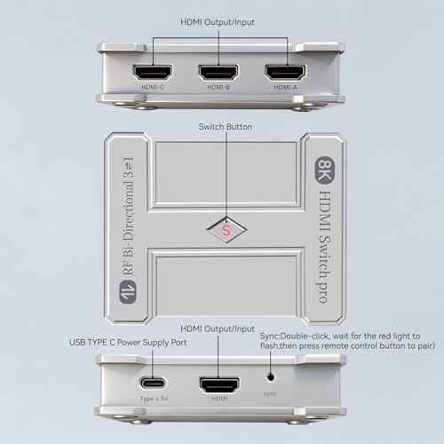 8K HDMI 2.1 Bi-Directional Switch, 3-in 1-Out & 1-in 3-Out, Support 8K@60Hz 4K@120Hz HDR+ Dolby Vision, HDMI 2.1 Splitter Compatible with PS5/4 Xbox Nintendo Switch Roku Apple TV Fire Stick