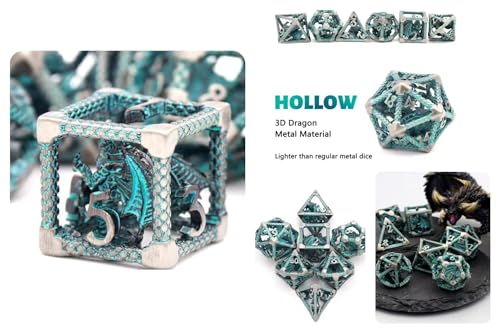 Hollow Metal DND Dice Set, 7-Piece Polyhedral RPG Gaming Dice with 3D Dragon Design, Cyan, for Dungeons and Dragons, Pathfinder, MTG - color: 3d Dragon Cyan