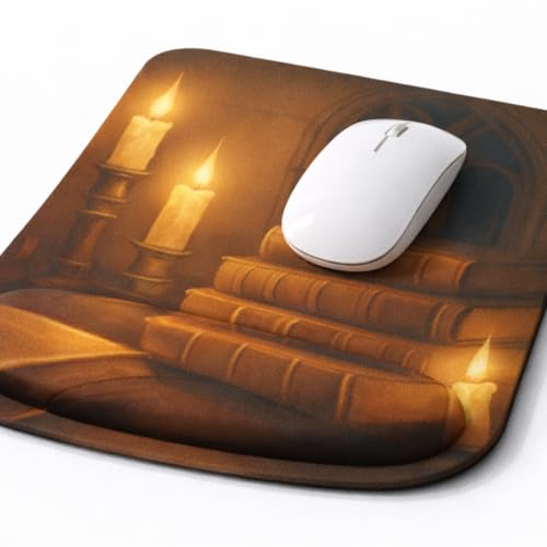 Ergonomic Memory Foam Mouse Pad with Wrist Support, Orange, Ultra-Smooth Surface, Anti-Slip Base (Book and Candle, Medium) - color: Book And Candle