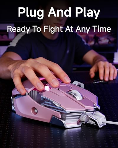 EWEADN G5 Wired Gaming Mouse with Adjustable Tail, 12800 DPI Programmable Computer Mouse with RGB Backlit, 9 Macro Buttons, Rapid Fire Key & Aluminum Base Ergonomic PC Mice for Laptop, PC-Pink - color: Pink