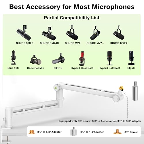 AA AUDIO ACCESSORY White Boom Arm Low Profile (Design for Heavy Mic) 6.6lbs Load Capacity, Gear Lock Structure Never Sags, Metal Microphone Stand Desk Mount for Shure SM7B MV7+, Blue Yeti, Rode PodMic - color: White