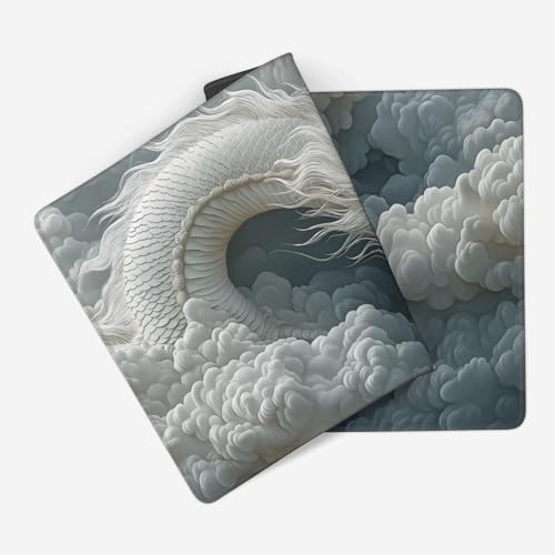 Large Chinese Dragon Mouse Pad, Non-Slip Natural Rubber Desk Mat with Stitched Edges, White and Gray, 35.4 x 15.7 Inches, Gaming - color: White Dragon