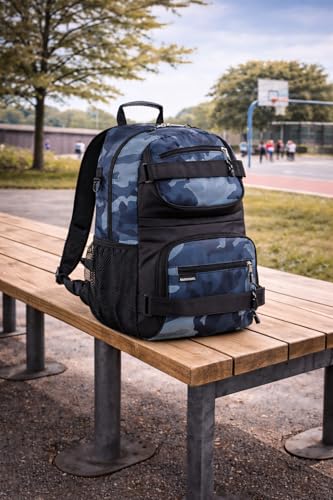 Eastsport Travel Skateboard Backpack Double Strap Laptop Bag Multi-Sport Design for Men and Women, Camo Black - color: Midnight Camo/Black