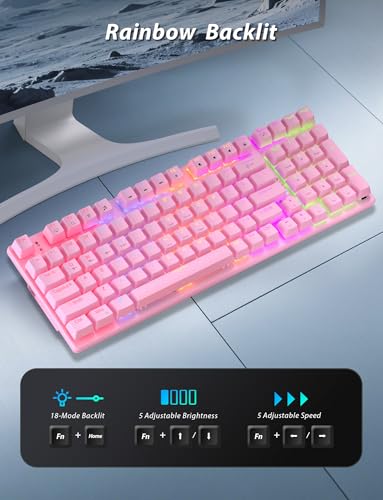 Wireless Mechanical Keyboard and Mouse Combo, 98-Key Gaming Keyboard with RGB Backlit, Tri-Mode BT5.0/2.4G/USB-C, 4000mAh Battery, 3200 DPI Gaming Mouse with Mouse Pad for PC, Laptop (Pink -Light) - color: Pink -light