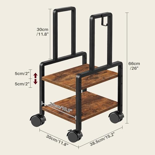 Adjustable 2-Tier PC Stand, Computer Tower Stand with 360° Locking Wheels & Hooks, CPU Cart for Floor, Carpet and Under Desk, 15.2" x 11.8" x 26", Rustic Brown - color: Rustic Brown