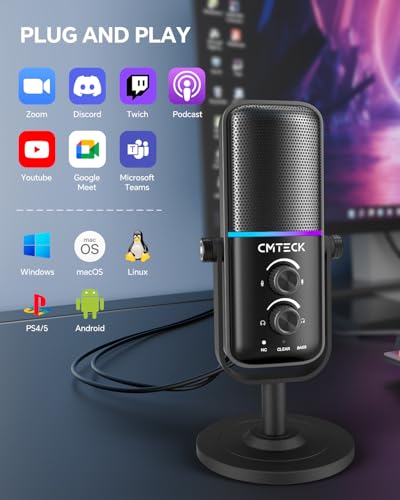 CMTECK USB Microphone for PC, PS4/PS5, Laptop β Computer Microphone with RGB Lighting, Mute Button, Mic Gain, Plug & Play, 3 Sound Modes for Streaming, Podcasting, Recording