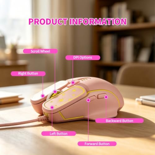 Wired Gaming Mouse, Lightweight USB Optical Computer Mice with 7 Buttons, 4 Adjustable DPI (1200-7200), Ergonomic Shape for Computers and Laptops, Pink - color: Pink