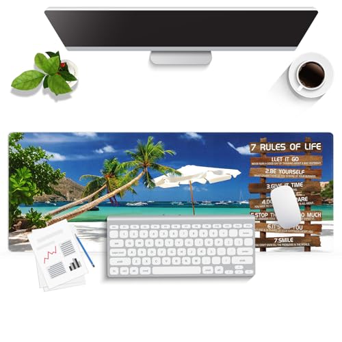 7 Rules of Life Inspirational Large Mouse Pad, Tropical Beach Palm Desk Mat | Keyboard Mat Stitched, 31.5" x 11.8", Positive Motivational Quote Rustic Wood, Summer Scenery Coastal Ocean Landscape - color: Vibrant Design J03K