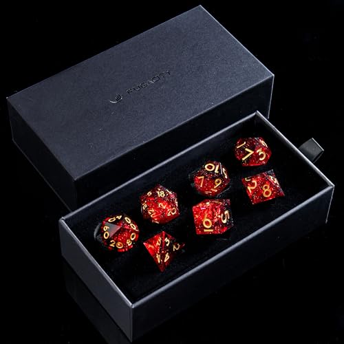 FugaCity Dice Set,Handmade Sharp Edge 7 Piece Resin Dice-Dungeon&Dragons Polyhedral Dice Set, D&D Dice Set with Gift Dice Case for RPG MTG Table Games - color: A- Fire & Black