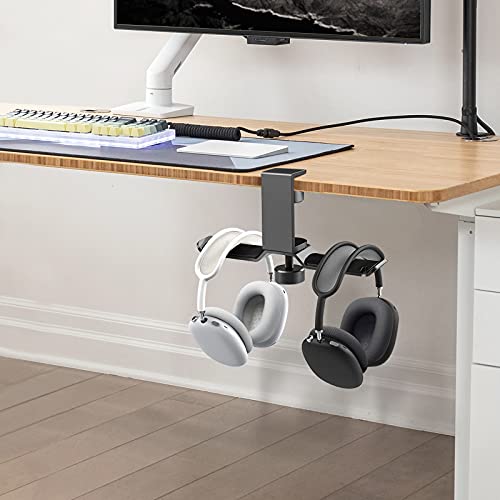 Dual Headphone Stand Hanger Under Desk, 360 Degree Rotating Aluminum Gaming Headset Holder with Adjustable Clamp, Universal Metal Earphone Hook Mount for All Headsets, Black