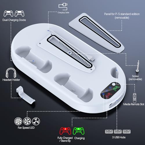 AMZDM Cooling Station PS5 Slim Stand PS5 Pro Cooling Fan with Charging Station PlayStation 5 Console Cooler with Docking Station Controller Charger PlayStation 5 Pro & Slim Disc & Digital White - color: Off-White