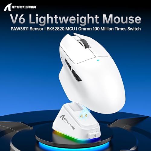 ATTACK SHARK V6 Wireless Gaming Mouse with RGB Charging Dock, 25K DPI PAW3311 Sensor, 1K Polling Tri-Mode PC Mice,500mAh Battery Cloud-Based AI Driver for Win/Mac,Black - color: Black