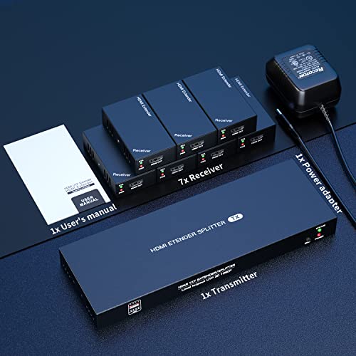 HDMI Extender Splitter 1x7 1080P@60Hz Over Cat 5E/6/7 Ethernet Cable 165ft | Support EDID Copy POC Function (1 in 7 out), for Church, Classroom, Business Activity, Multi Video Displays - size: 1x7 1080P 165ft