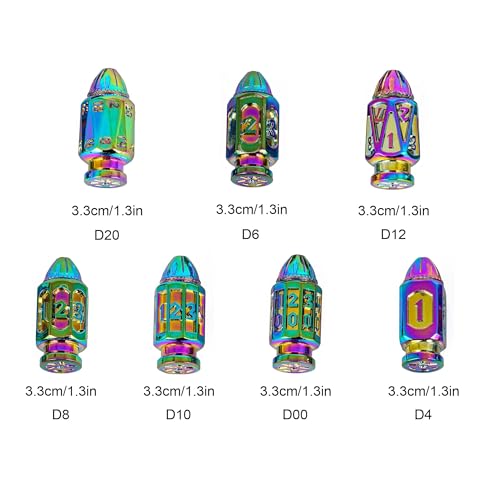 UDIXI Metal DND Bullet Dice Set, Polyhedral Bullet Metal Dice Set Rainbow | 7PCS, Cool Style, Magazines Container and PU Leather Bag, for D&D Dungeons and Dragons Role Playing Games and Tabletop Games - color: Colorful