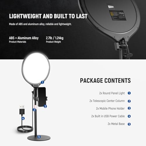NEEWER Basics 2 Pack 10.5" Desktop LED Ring Light with Stand for Desk/Phone Holder, 3000-6500K Full Screen 15W Panel Lighting for iPhone Recording Streaming Selfie Laptop Webcam Video Conference, R10