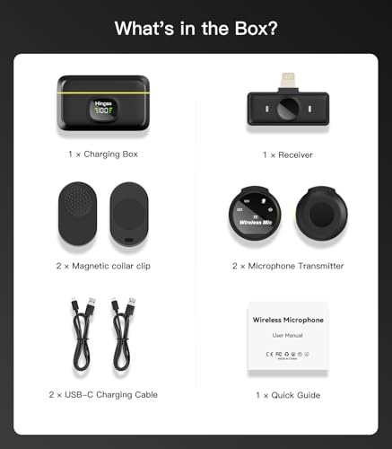 Hingso Wireless Lavalier Microphone for iPhone, Android, 48khz, 50Hrs Battery, Noise Cancellation, Magnetic Clip iPhone Microphone for Video Recording, Streaming, Vlogging