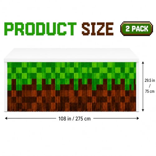 Pixel Video Game Party Table Skirts, 2 Pack Green Brown Foil Fringe Table Skirt Decorations for Boys Birthday, Block Theme Gaming Party Table Decor Photo Booth Props - size: 2pcs 29.5 x 108 Inch