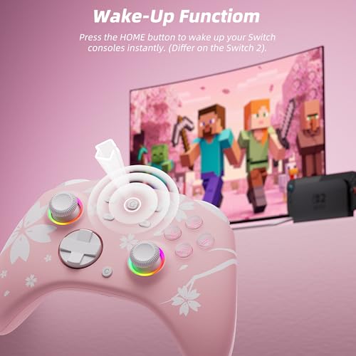 Mytrix Wireless Controllers for Switch/Switch 2, Windows PC iOS Android Steam/Steam Deck, Sakura Pink Bluetooth Controller with Programmable, Hall Effect Joysticks, Adjustable LED Light/Turbo/Vibration - color: Sakura Pink