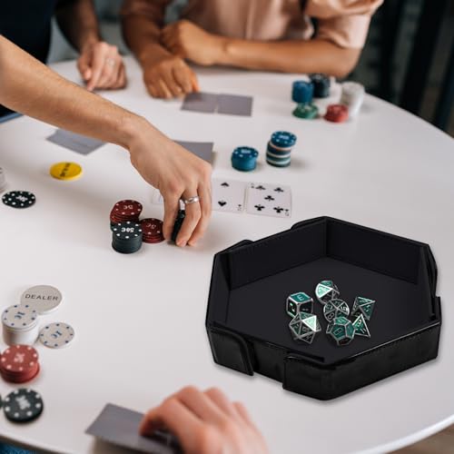 SIQUK Magnetic Folding Dice Tray Hexagon Dice Rolling Tray PU Leather Dice Trays Foldable Dice Holder Dice Rolling Mat Storage Box for D&D RPG Dice Games, Black - color: Black