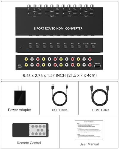 8 Port RCA to HDMI Converter, Dual AV to HDMI Converter Supports 16:9/4:3 Composite to HD MI Adapter Support 1080P PAL/NTSC Compatible with Sega/Xbox/PS1/PS2/PS3/WII/N64/VHS, VCRs, and DVD Players - size: 8 Port RCA to HDMI Converter