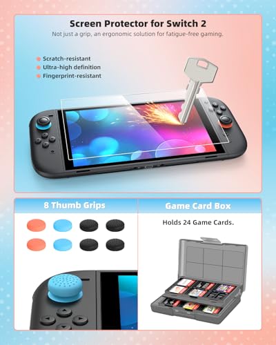 Switch 2 Pro Controller Accessories Bundle for Nintendo Switch 2 (2025), MENEEA 21-in-1 Kits: Wireless Controllers,Carrying Case,Controller Charger Dock,Grips for Joy Con,Steering Wheels for Mario Kart,Protective Cover for Switch 2 (Black & Pink Controlle