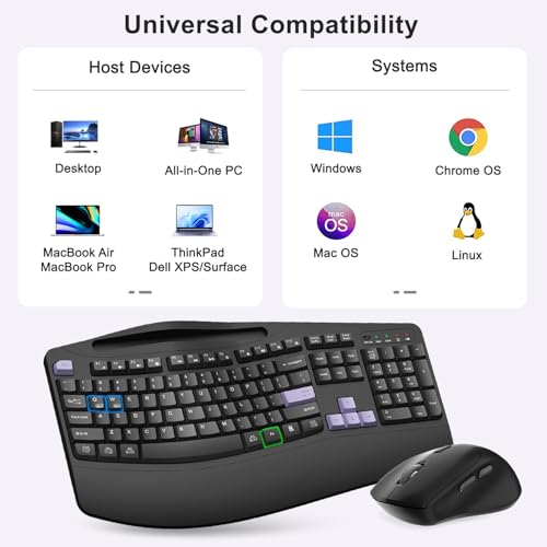 Wireless Keyboard and Mouse Combo, Full Size Ergonomic Wave Keys(Purple-B) | 2.4G Ergonomic Keyboard with Wrist Rest, Phone Holder, 3-Level DPI Silent Mouse with 6-Buttons, for Windows/Mac OS/Laptop/PC - color: Purple Black