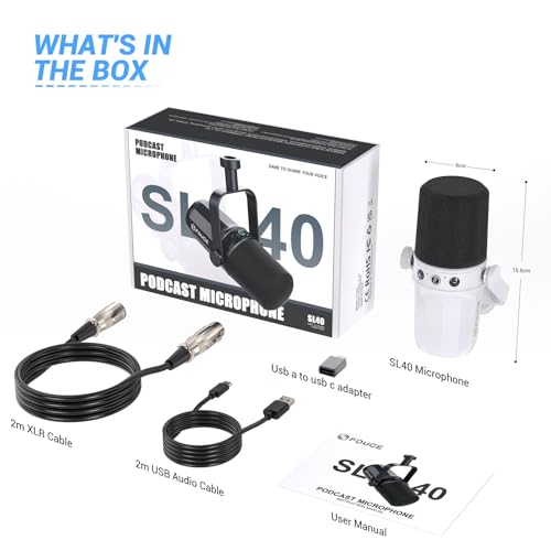 FDUCE SL40 Dynamic Microphone for Podcasting, Gaming, Live Streaming and Recording, Built-in Headphone Output, LED Mute Button, All-Metal USB/XLR, Voice Isolation Technology (White) - style: SL40 White
