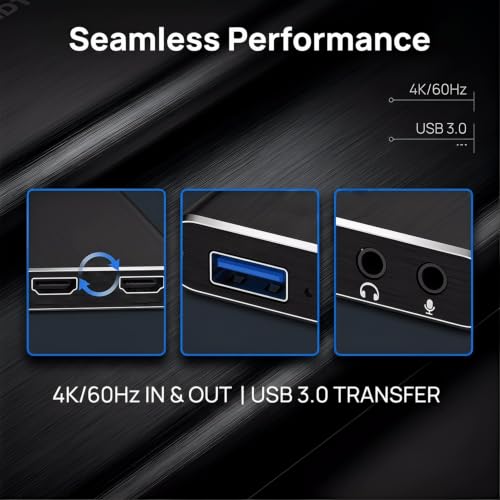 4K Ultra HD Video Capture Card, 1080P 60FPS USB 3.0 Game Recorder for Streaming, Gaming & Video Meetings, Plug & Play, Ultra-Low Latency