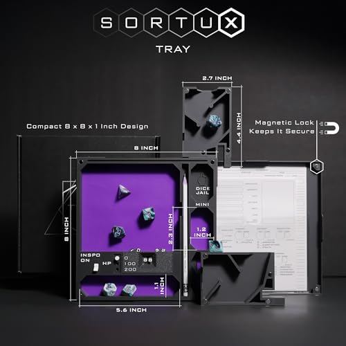All-in-One Dice Tray with Tower by TTRPG World - Magnetic Modular Organizer for 5E & d20 RPGs with Soft Lining, Tower, Mini Holder, Sheets & Mystery Dice Set (Purple) - color: Purple