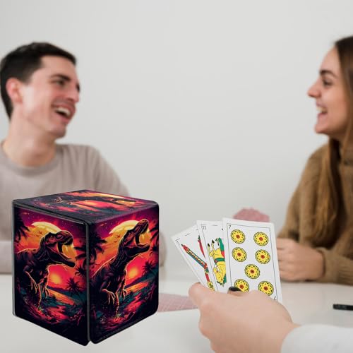 Card Deck Box for MTG Commander,Collectible Trading Storage Box Fits 120+ Single Sleeved Cards Magnetic Case PU Leather for Magic Commander TCG CCG MTG,Dinosaur Sunset - color: Dinosaur Sunset