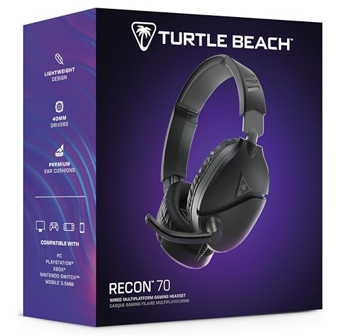 Turtle Beach Recon 70 Wired Multiplatform Gaming Headset for PC, PS5, Xbox | Xbox Series X|S, Xbox One, PlayStation, PC Splitter Cable, Flip-to-Mute Mic, 40mm Speakers, Lightweight, Soft Earpads, Black
