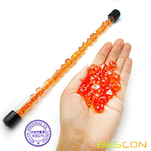 Bescon 28pcs Translucent Orange Mini Polyhedral Dice Set in Tube, Small Role Playing Polyhedral Dice 4X7pcs,Mini Gem Dice Set - color: 4x7 28pcs Gem Orange Tube