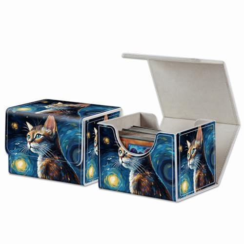 Strong Magnet Card Case Deck Box Mtg Card Box Playing Card Box Tcg Up to 200 Cards Creative Pattern Trading Card Storage Box for Collectible Card Games for MTG Cards, Cute Cat With Starry Night - color: Cute Cat With Starry Night