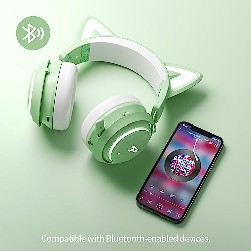 EASARS Cat Ear Headphones, Gaming Headset (Wireless, Green) - color: Green, style: Wireless